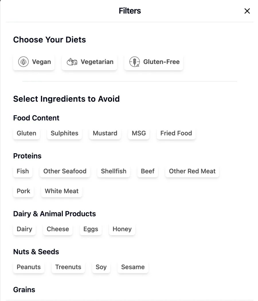 Supported allergens and diets settings in the Honeycomb dashboard